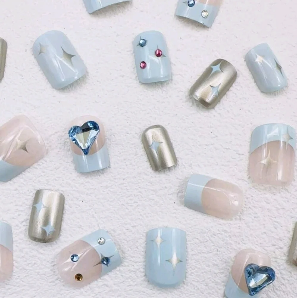 2/$16 3D Rhinestone Stars Hearts Plaid Press On Nails